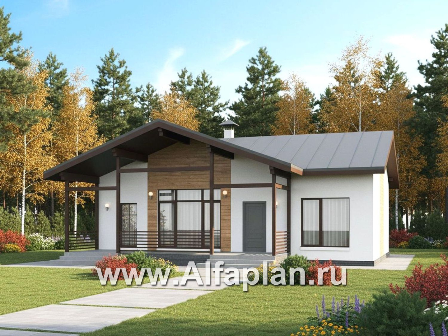 «Акцепт» - проект одноэтажного дома, планировка 2 спальни, с террасой и кладовкой при кухне. Есть вариан 1-а спальня + сауна - дизайн дома №1