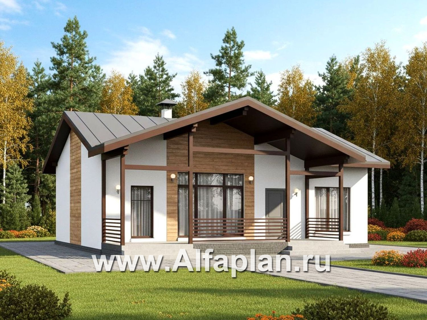 «Акцепт» - проект одноэтажного дома, планировка 2 спальни, с террасой и кладовкой при кухне. Есть вариан 1-а спальня + сауна - дизайн дома №2