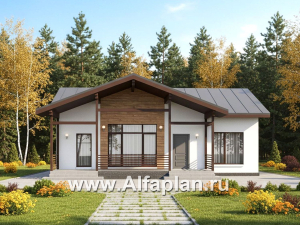 «Акцепт» - проект одноэтажного дома, планировка 2 спальни, с террасой и кладовкой при кухне. Есть вариан 1-а спальня + сауна