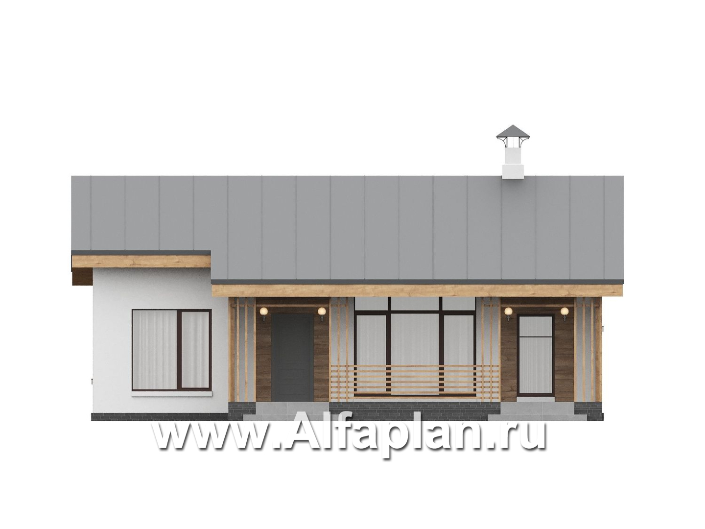 «Акцепт» - проект одноэтажного дома с двускатной кровлей, 2 спальни, с террасой. Есть вариант с сауной - фасад дома - фото №1