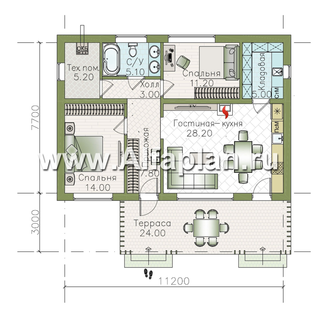 «Акцепт» - проект одноэтажного дома с двускатной кровлей, 2 спальни, с террасой. Есть вариант с сауной - план дома - фото №1