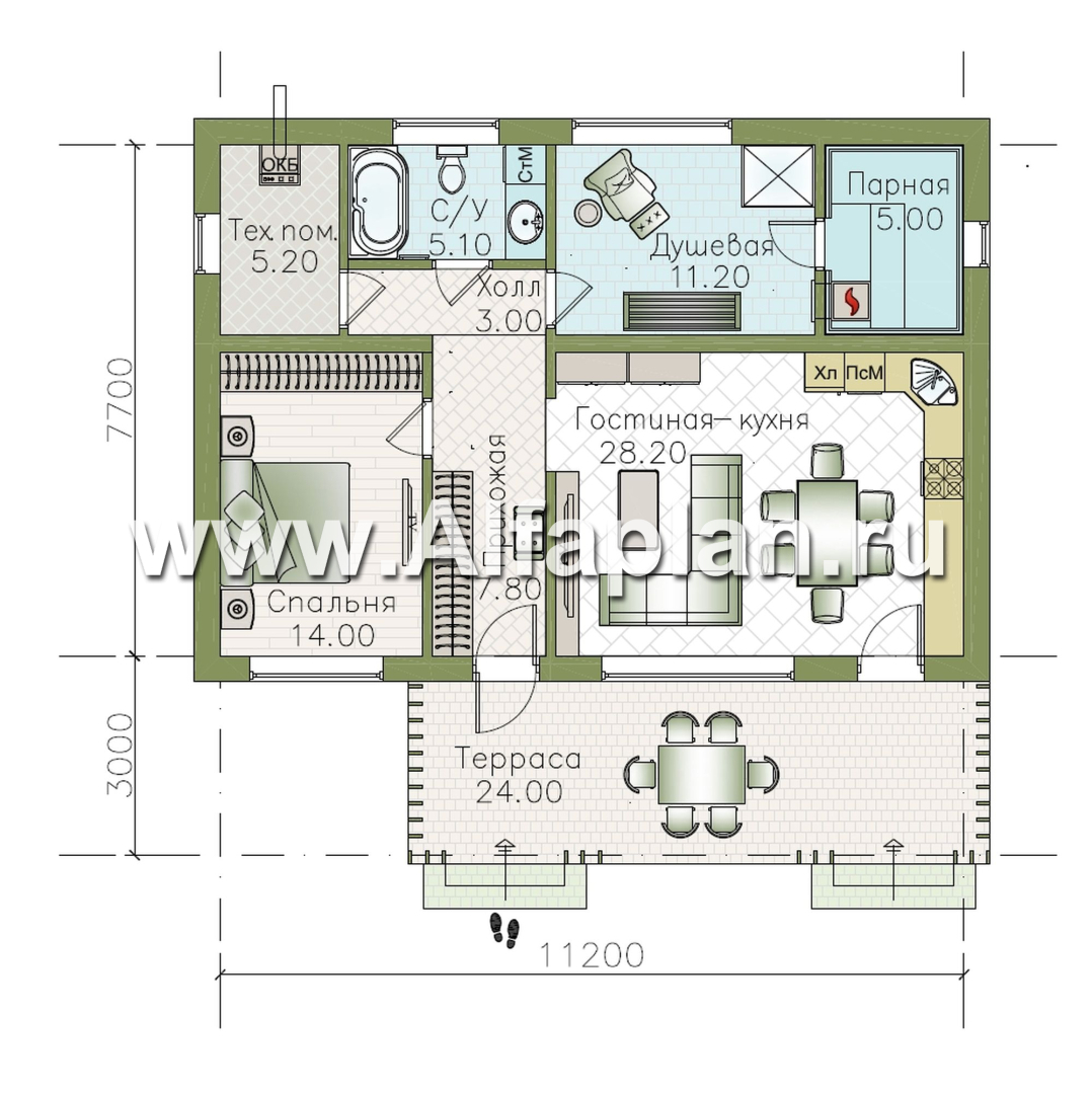 «Акцепт» - проект одноэтажного дома с двускатной кровлей, 2 спальни, с террасой. Есть вариант с сауной - план дома - фото №2
