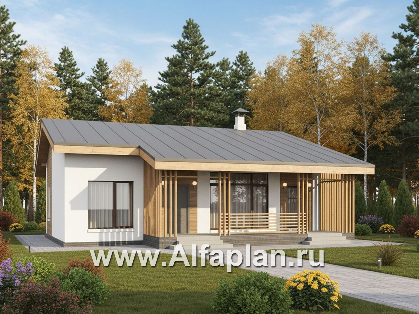 «Акцепт» - проект одноэтажного дома с двускатной кровлей, 2 спальни, с террасой. Есть вариант с сауной - основное изображение