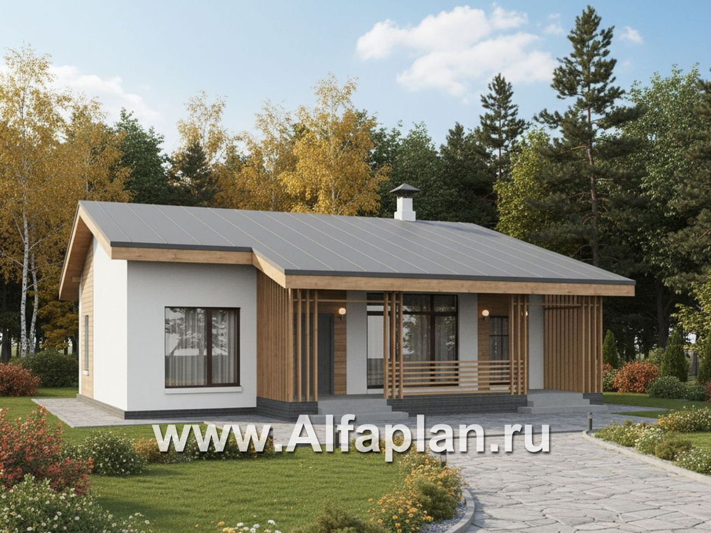 «Акцепт» - проект одноэтажного дома с двускатной кровлей, 2 спальни, с террасой. Есть вариант с сауной - дизайн дома №1