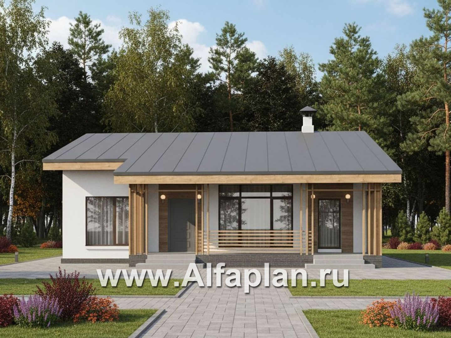«Акцепт» - проект одноэтажного дома с двускатной кровлей, 2 спальни, с террасой. Есть вариант с сауной - дизайн дома №2