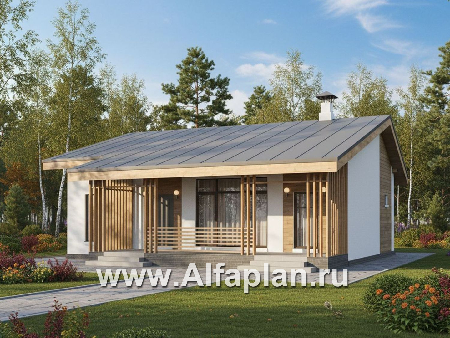 «Акцепт» - проект одноэтажного дома с двускатной кровлей, 2 спальни, с террасой. Есть вариант с сауной - дизайн дома №3