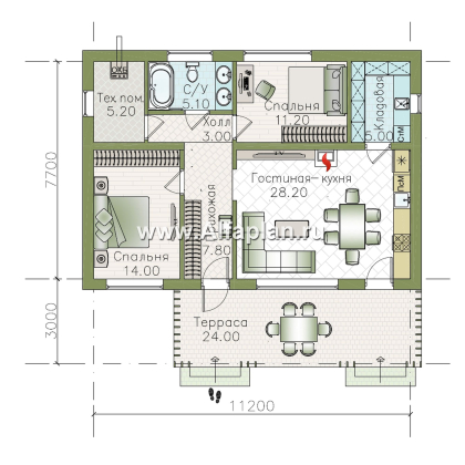 «Акцепт» - проект одноэтажного дома с двускатной кровлей, 2 спальни, с террасой. Есть вариант с сауной - превью план дома - фото №1