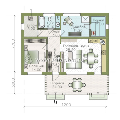 «Акцепт» - проект одноэтажного дома с двускатной кровлей, 2 спальни, с террасой. Есть вариант с сауной - превью план дома - фото №2
