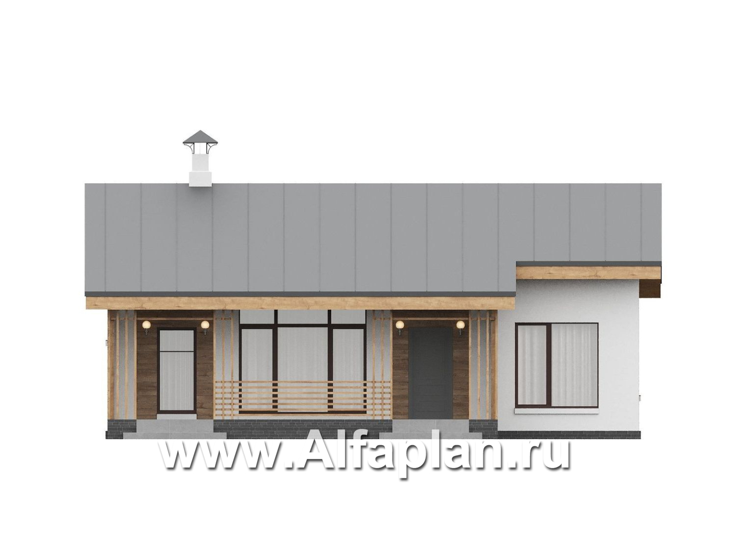 «Акцепт» - проект одноэтажного дома с двускатной кровлей, 2 спальни, с террасой. Есть вариант с сауной - фасад дома - фото №1