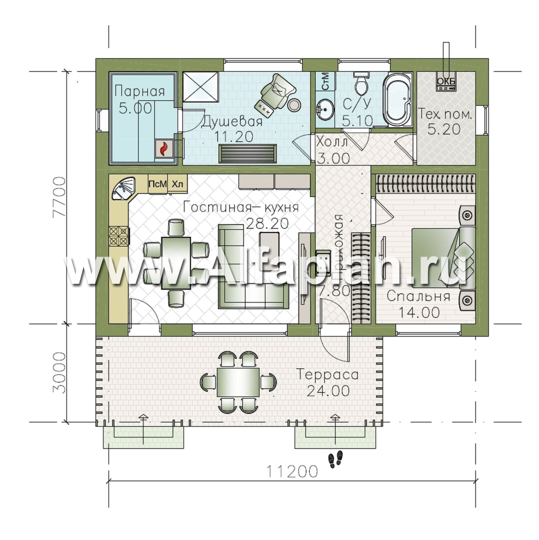 «Акцепт» - проект одноэтажного дома с двускатной кровлей, 2 спальни, с террасой. Есть вариант с сауной - план дома - фото №2