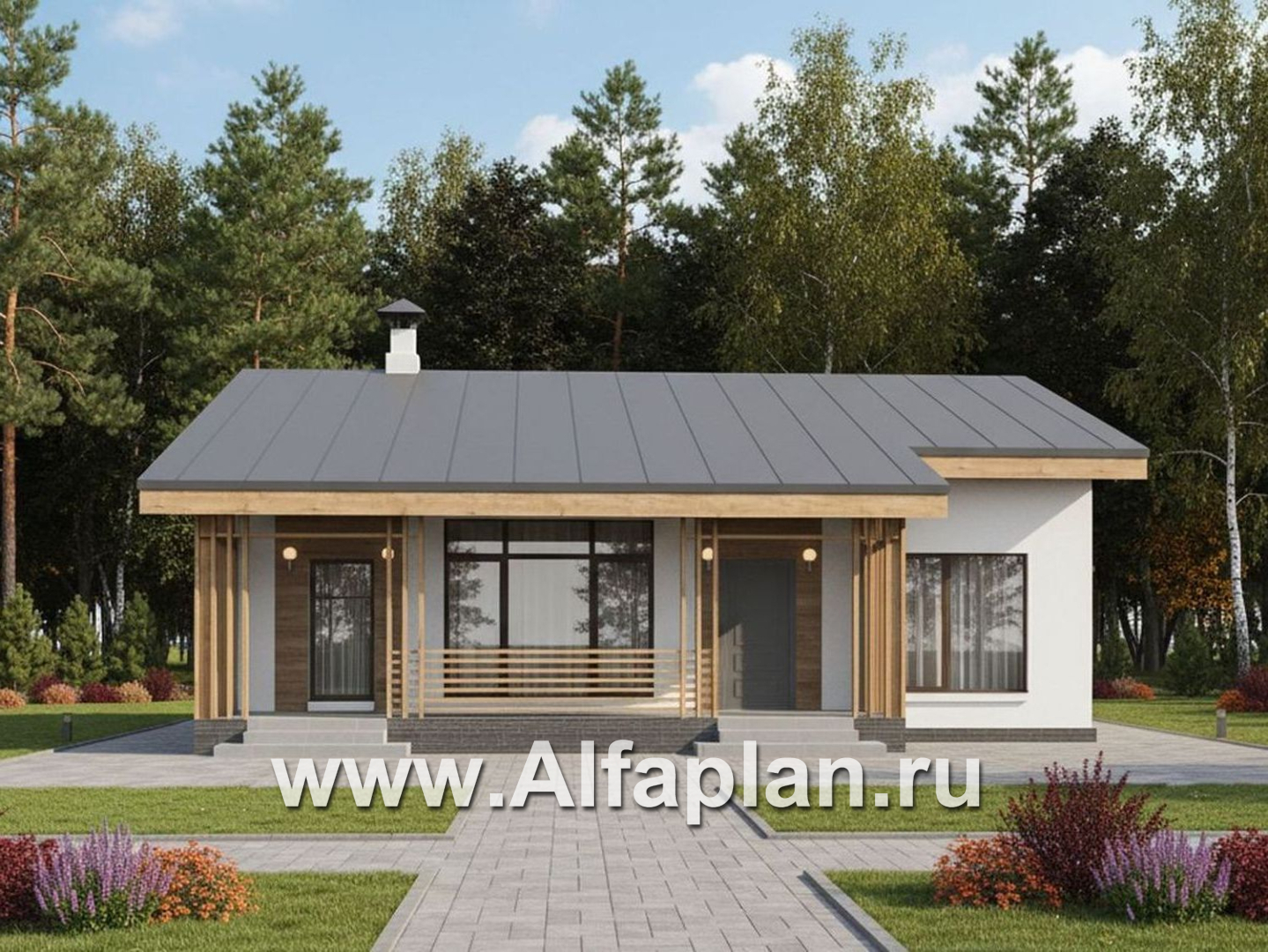 «Акцепт» - проект одноэтажного дома с двускатной кровлей, 2 спальни, с террасой. Есть вариант с сауной - основное изображение