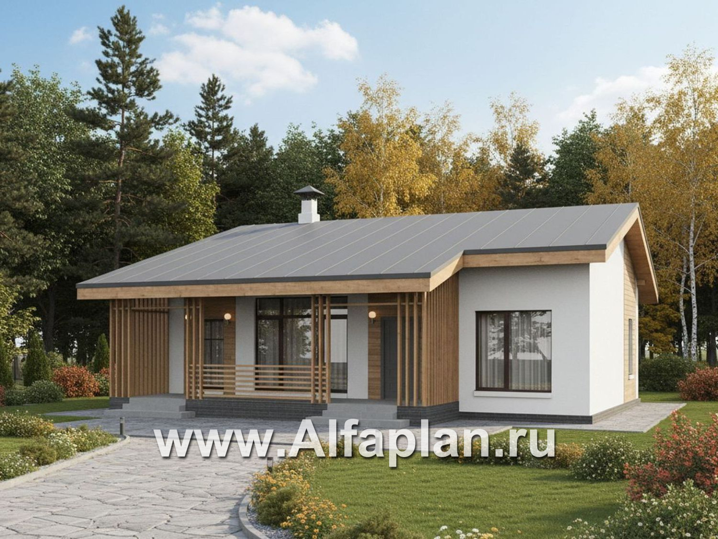 «Акцепт» - проект одноэтажного дома с двускатной кровлей, 2 спальни, с террасой. Есть вариант с сауной - дизайн дома №2