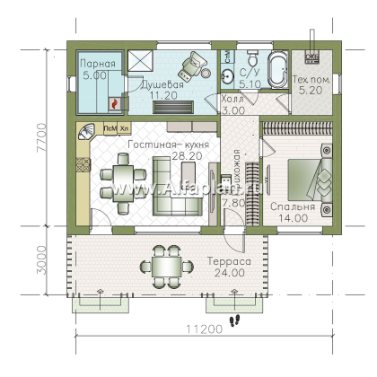 «Акцепт» - проект одноэтажного дома с двускатной кровлей, 2 спальни, с террасой. Есть вариант с сауной - превью план дома - фото №2