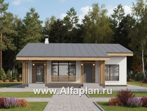 «Акцепт» - проект одноэтажного дома с двускатной кровлей, 2 спальни, с террасой. Есть вариант с сауной