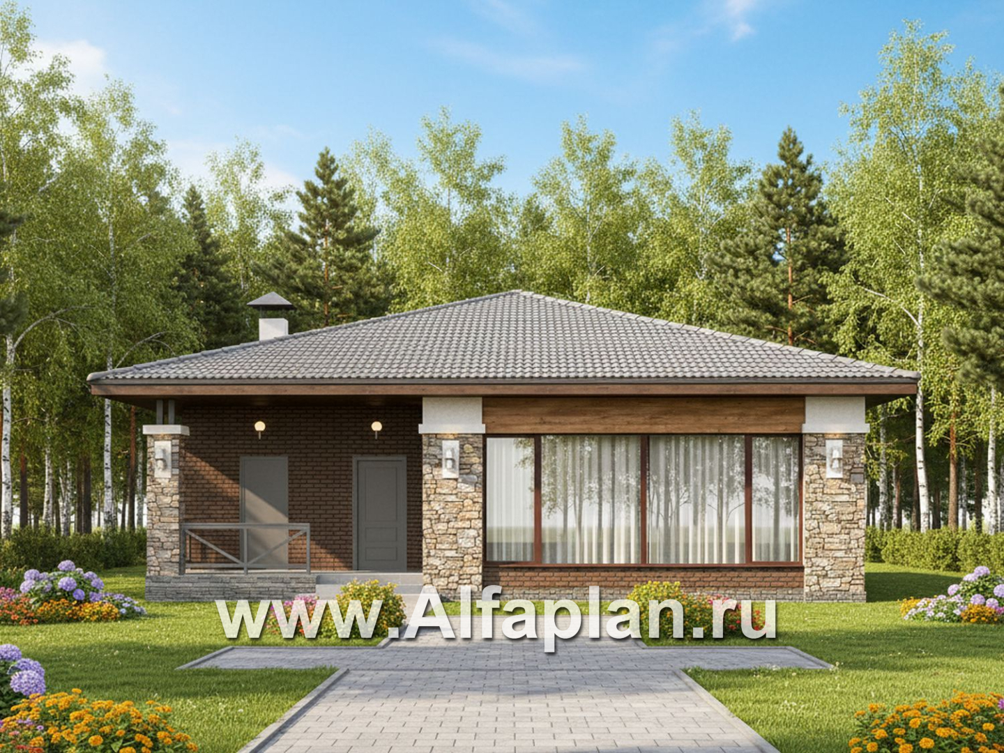 «Лукоморье» - улучшенный проект одноэтажного дома, мастер спальня, 2 детских, кладовка при кухне - дизайн дома №3