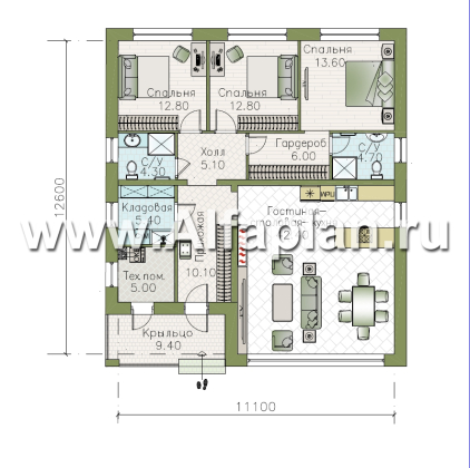 «Лукоморье» - улучшенный проект одноэтажного дома, мастер спальня, 2 детских, кладовка при кухне - превью план дома - фото №1
