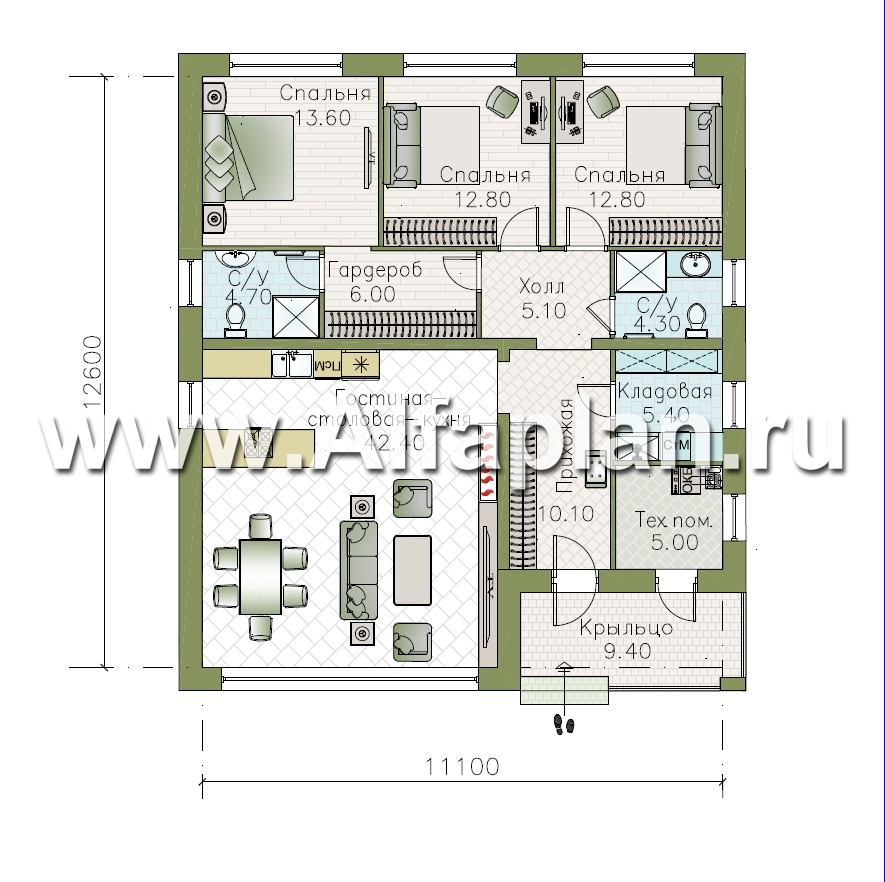 «Лукоморье» - улучшенный проект одноэтажного дома, мастер спальня, 2 детских, кладовка при кухне - план дома - фото №1
