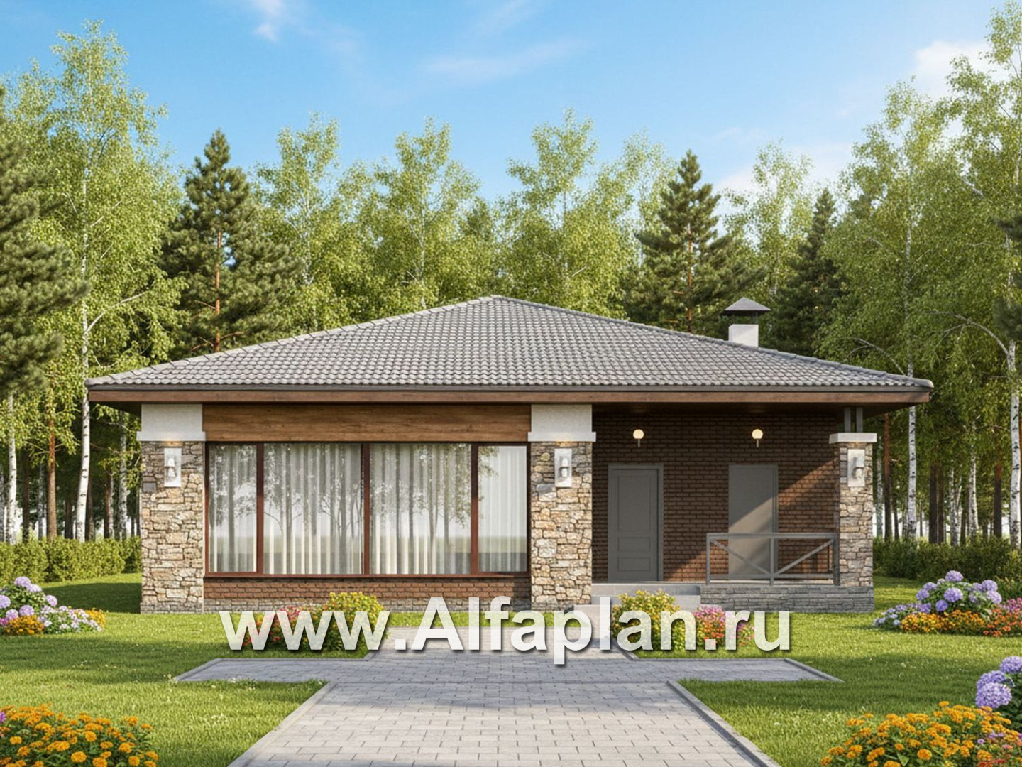 «Лукоморье» - улучшенный проект одноэтажного дома, мастер спальня, 2 детских, кладовка при кухне - дизайн дома №3