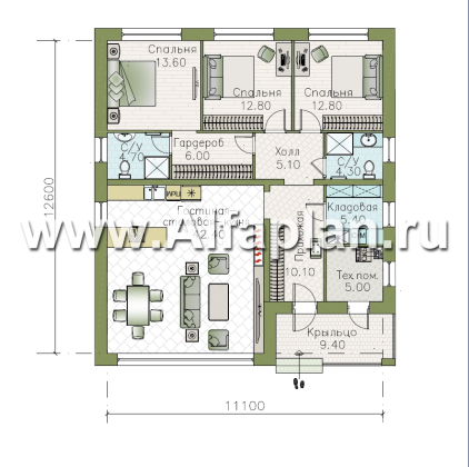 «Лукоморье» - улучшенный проект одноэтажного дома, мастер спальня, 2 детских, кладовка при кухне - превью план дома - фото №1