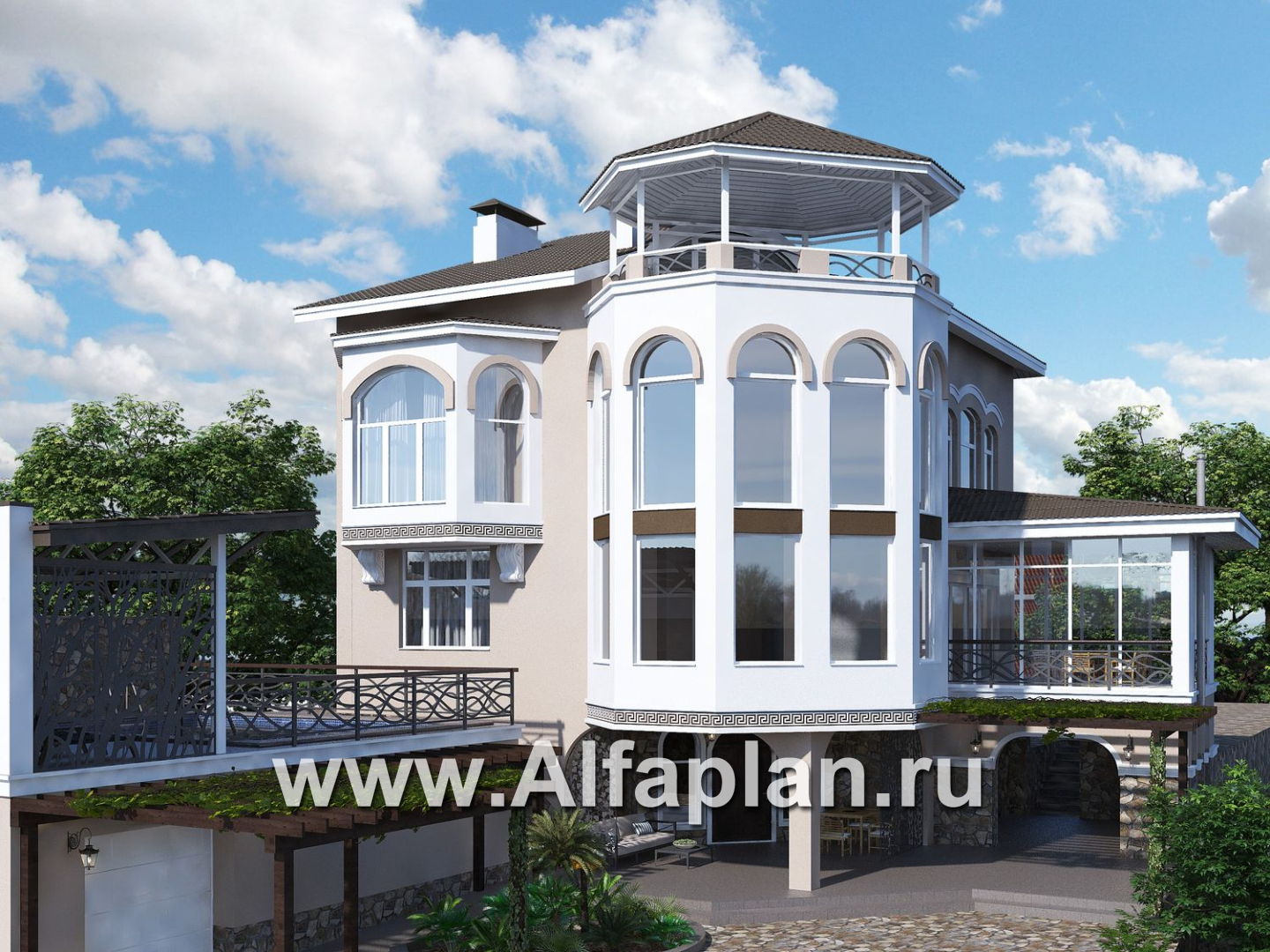 «Черное море» - проект РЕКОНСТРУКЦИИ - вилла на рельефе на берегу Черного моря, с цокольным этажом и биллиардной, мастер спальня - дизайн дома №3