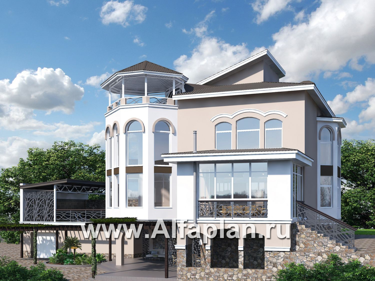 «Черное море» - проект РЕКОНСТРУКЦИИ - вилла на рельефе на берегу Черного моря, с цокольным этажом и биллиардной, мастер спальня - дизайн дома №4