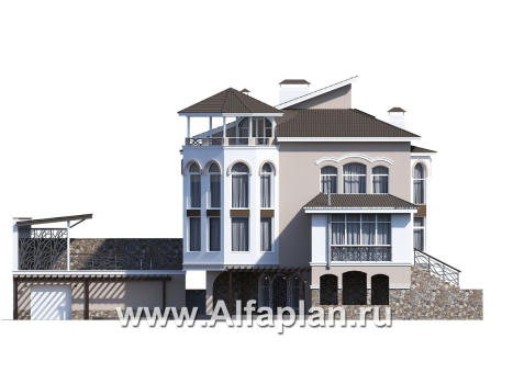 «Черное море» - проект РЕКОНСТРУКЦИИ - вилла на рельефе на берегу Черного моря, с цокольным этажом и биллиардной, мастер спальня - превью фасада дома - фото №1