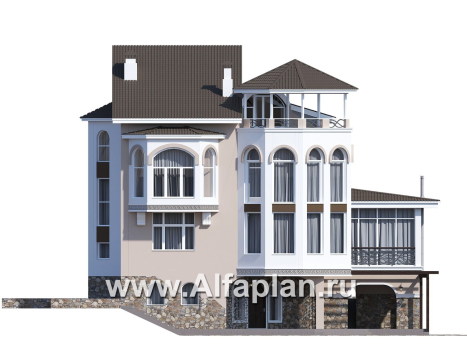 «Черное море» - проект РЕКОНСТРУКЦИИ - вилла на рельефе на берегу Черного моря, с цокольным этажом и биллиардной, мастер спальня - превью фасада дома - фото №3