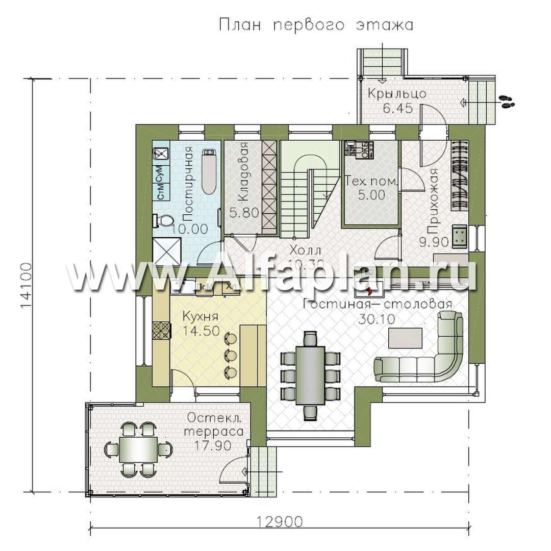 «Регата» - красивый проект дома с мансардой, планировка с мастер спальней, вторая гостиная на 2-ом этаже - план дома - фото №1