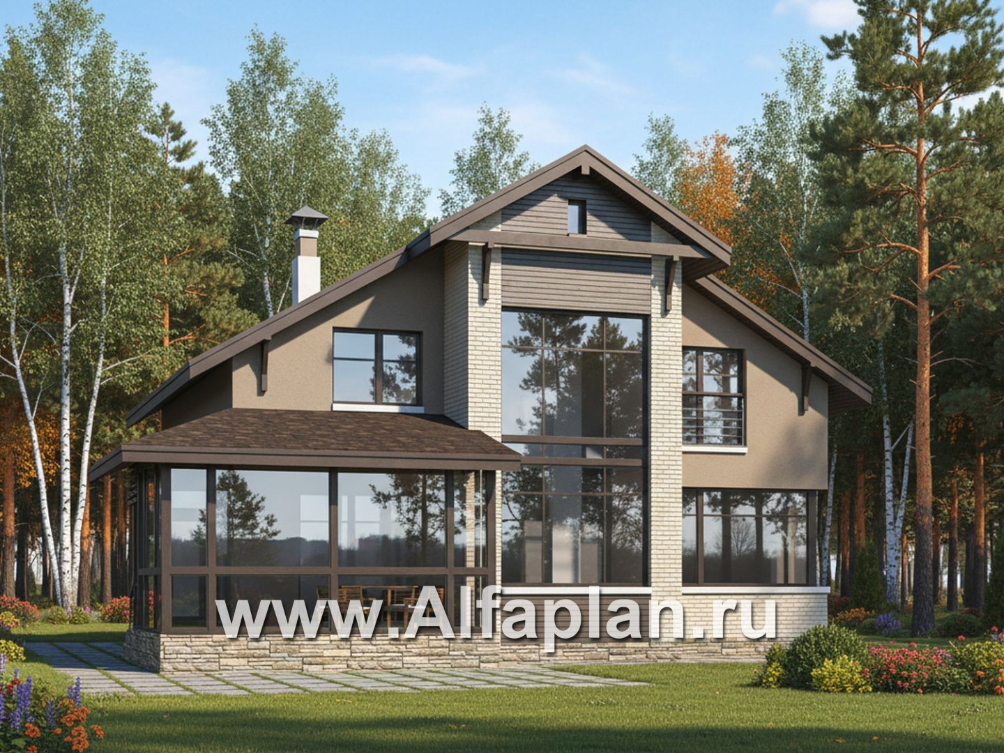 «Регата» - красивый проект дома с мансардой, планировка с мастер спальней, вторая гостиная на 2-ом этаже - дизайн дома №1