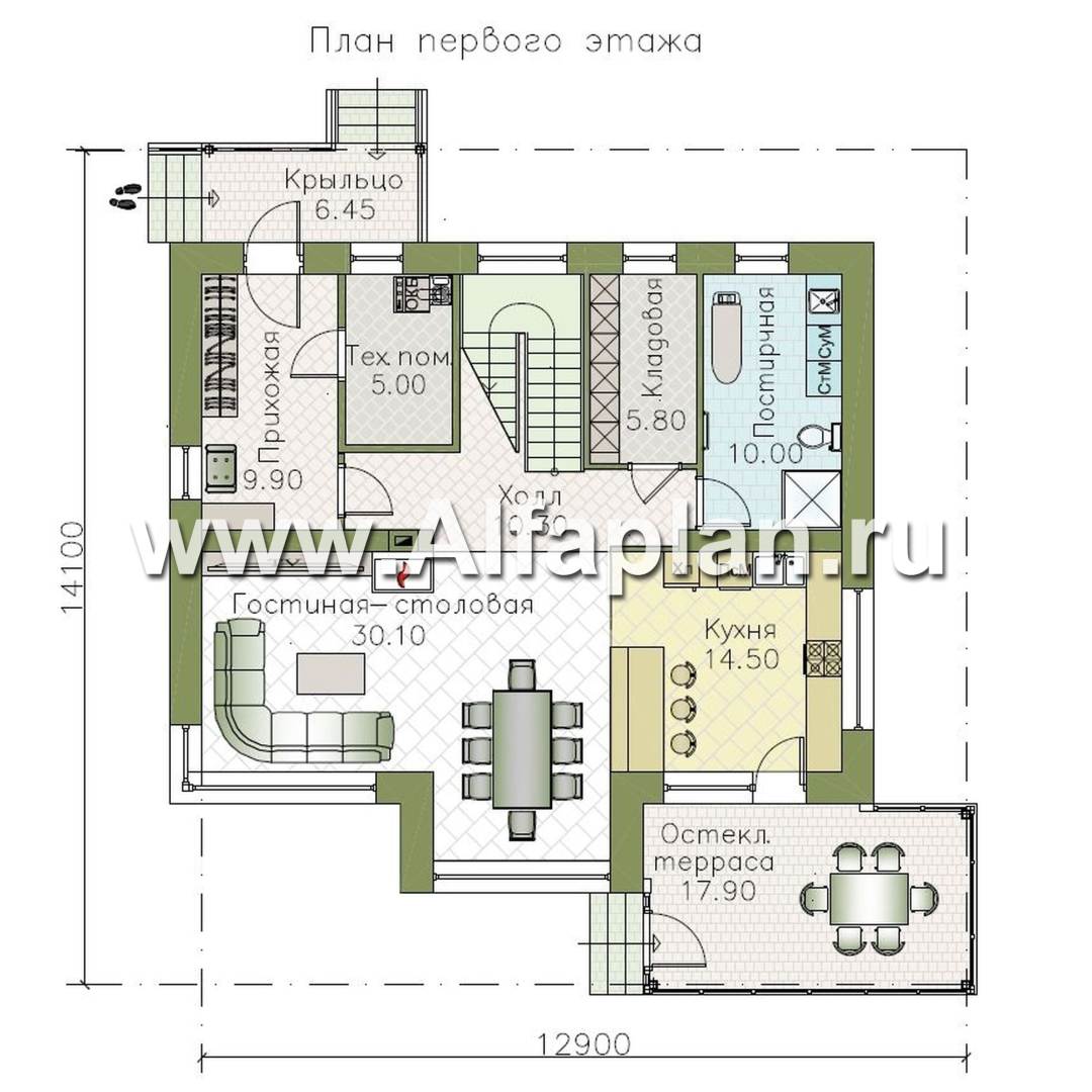 «Регата» - красивый проект дома с мансардой, планировка с мастер спальней, вторая гостиная на 2-ом этаже - план дома - фото №1