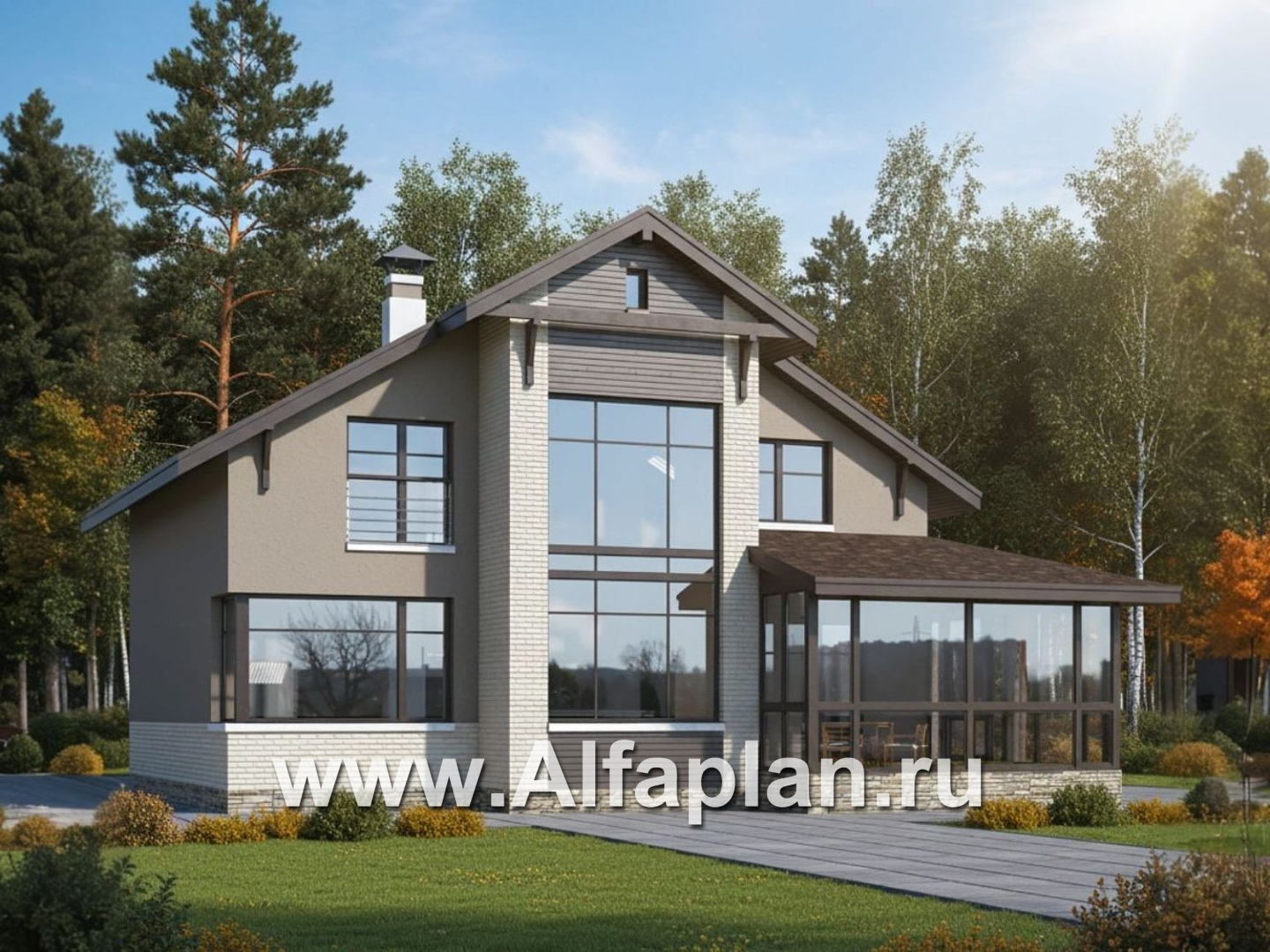 «Регата» - красивый проект дома с мансардой, планировка с мастер спальней, вторая гостиная на 2-ом этаже - основное изображение