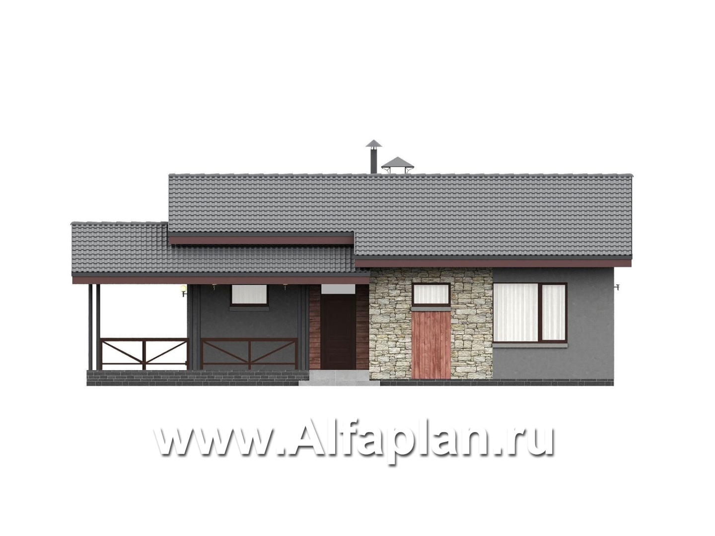 «Прагматика» - проект умного одноэтажного дома, планировка 2 спальни, с террасой и двускатной крышей, удлинен на 1м - фасад дома - фото №1