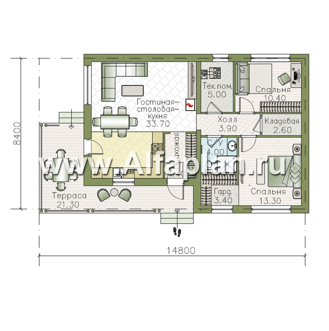 «Прагматика» - проект умного одноэтажного дома, планировка 2 спальни, с террасой и двускатной крышей, удлинен на 1м - план дома - фото №1