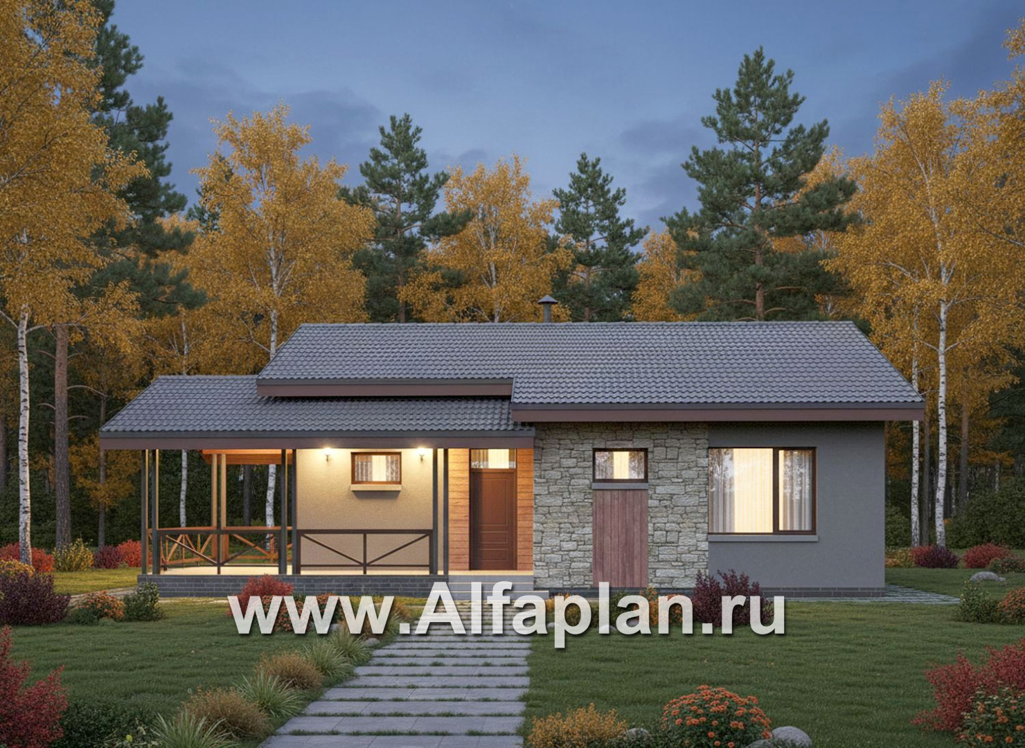 «Прагматика» - проект умного одноэтажного дома, планировка 2 спальни, с террасой и двускатной крышей, удлинен на 1м - дизайн дома №3