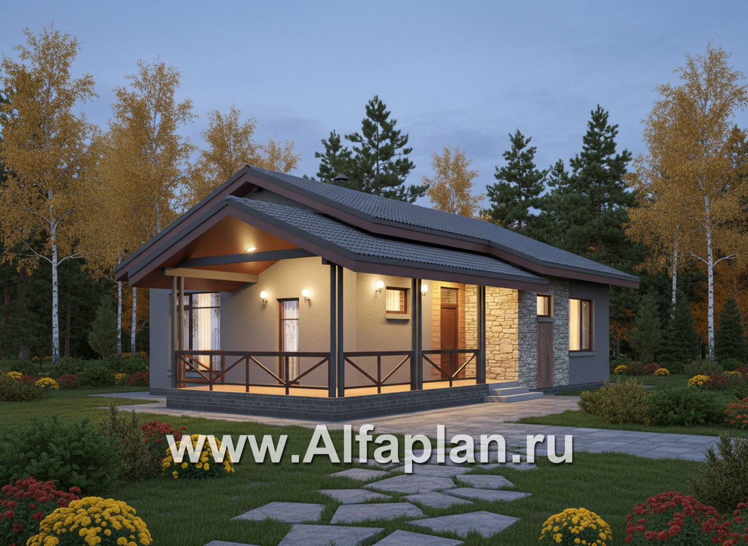 «Прагматика» - проект умного одноэтажного дома, планировка 2 спальни, с террасой и двускатной крышей, удлинен на 1м - дизайн дома №5