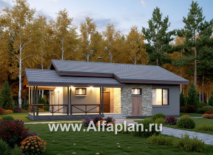 «Прагматика» - проект умного одноэтажного дома, планировка 2 спальни, с террасой и двускатной крышей, удлинен на 1м