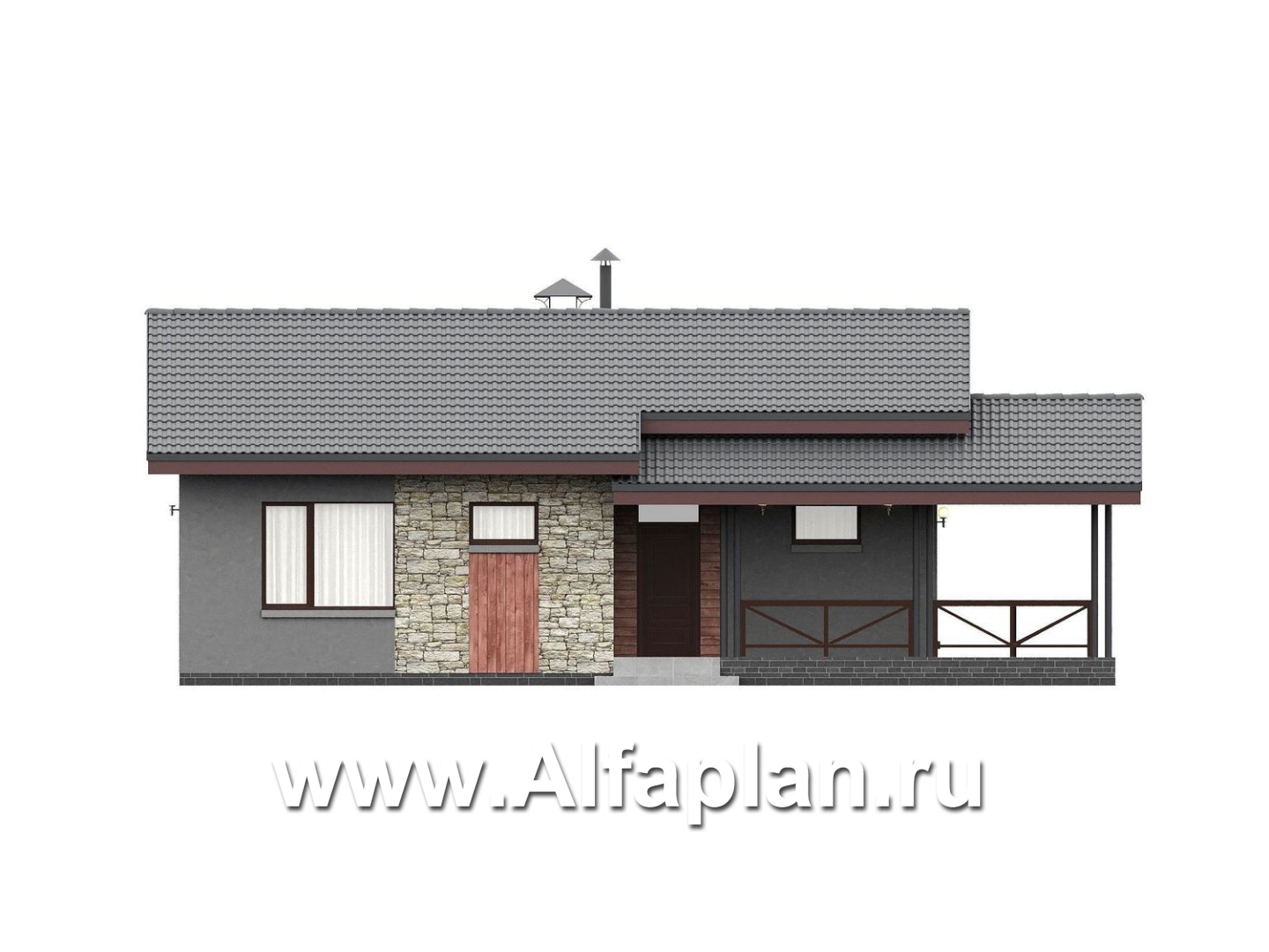 «Прагматика» - проект умного одноэтажного дома, планировка 2 спальни, с террасой и двускатной крышей, удлинен на 1м - фасад дома - фото №1