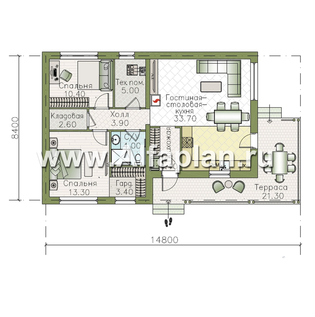 «Прагматика» - проект умного одноэтажного дома, планировка 2 спальни, с террасой и двускатной крышей, удлинен на 1м - план дома - фото №1