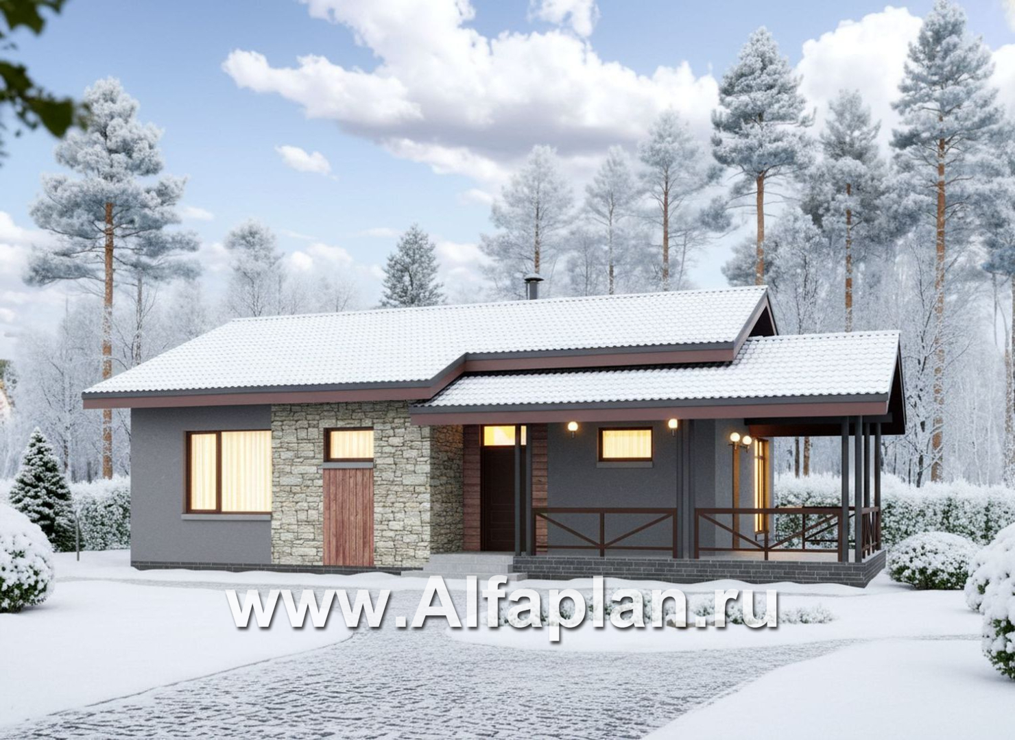 «Прагматика» - проект умного одноэтажного дома, планировка 2 спальни, с террасой и двускатной крышей, удлинен на 1м - основное изображение