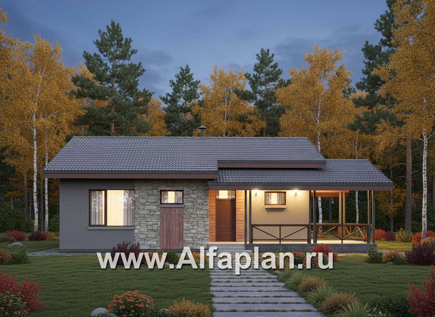 «Прагматика» - проект умного одноэтажного дома, планировка 2 спальни, с террасой и двускатной крышей, удлинен на 1м - дизайн дома №2