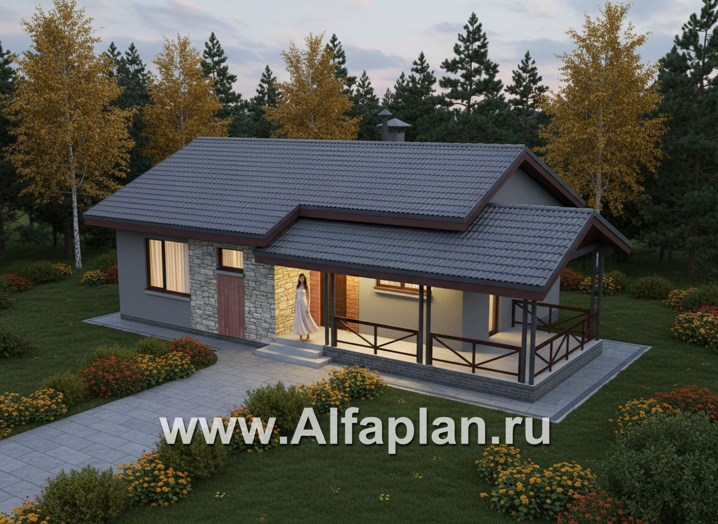 «Прагматика» - проект умного одноэтажного дома, планировка 2 спальни, с террасой и двускатной крышей, удлинен на 1м - дизайн дома №3