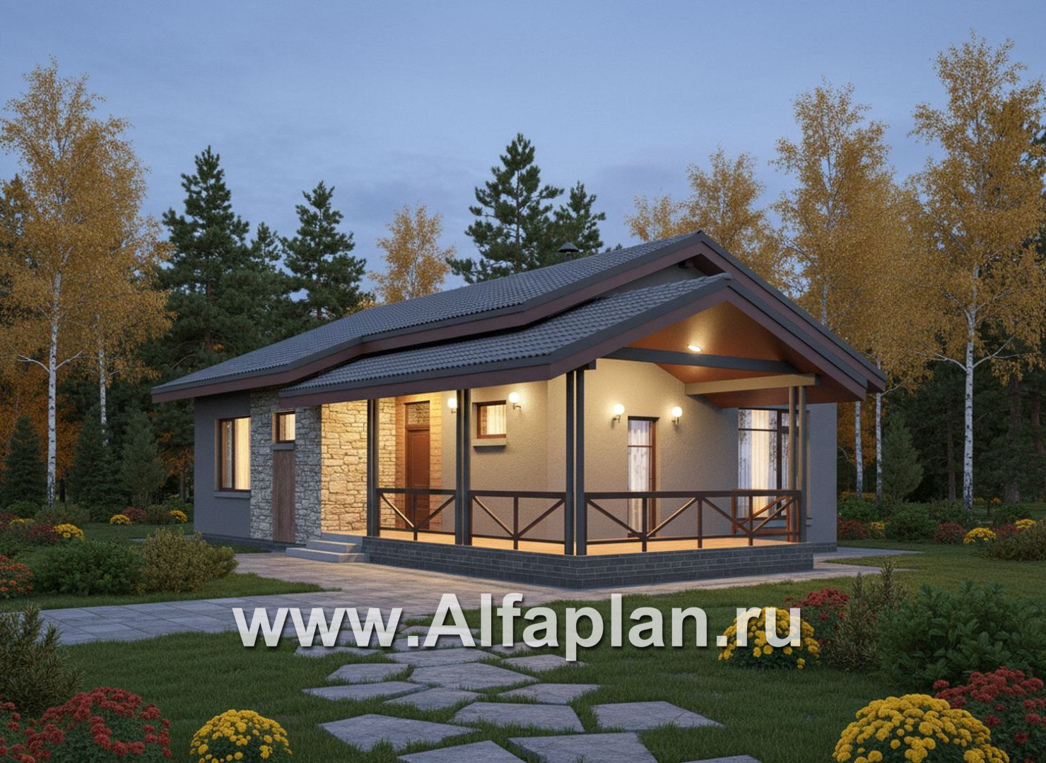 «Прагматика» - проект умного одноэтажного дома, планировка 2 спальни, с террасой и двускатной крышей, удлинен на 1м - дизайн дома №4