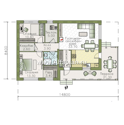 «Прагматика» - проект умного одноэтажного дома, планировка 2 спальни, с террасой и двускатной крышей, удлинен на 1м - превью план дома - фото №1