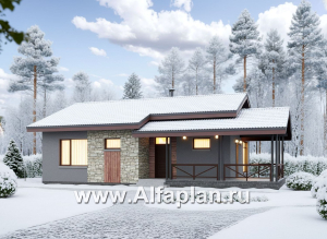 «Прагматика» - проект умного одноэтажного дома, планировка 2 спальни, с террасой и двускатной крышей, удлинен на 1м