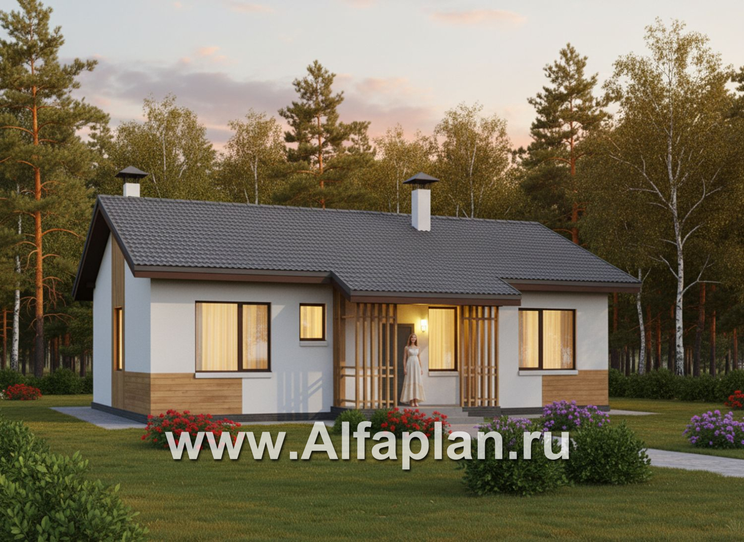 «Белая дача» - проект одноэтажного дома, улучшенная планировка, мастер спальня, 3 спальни и камин - дизайн дома №1