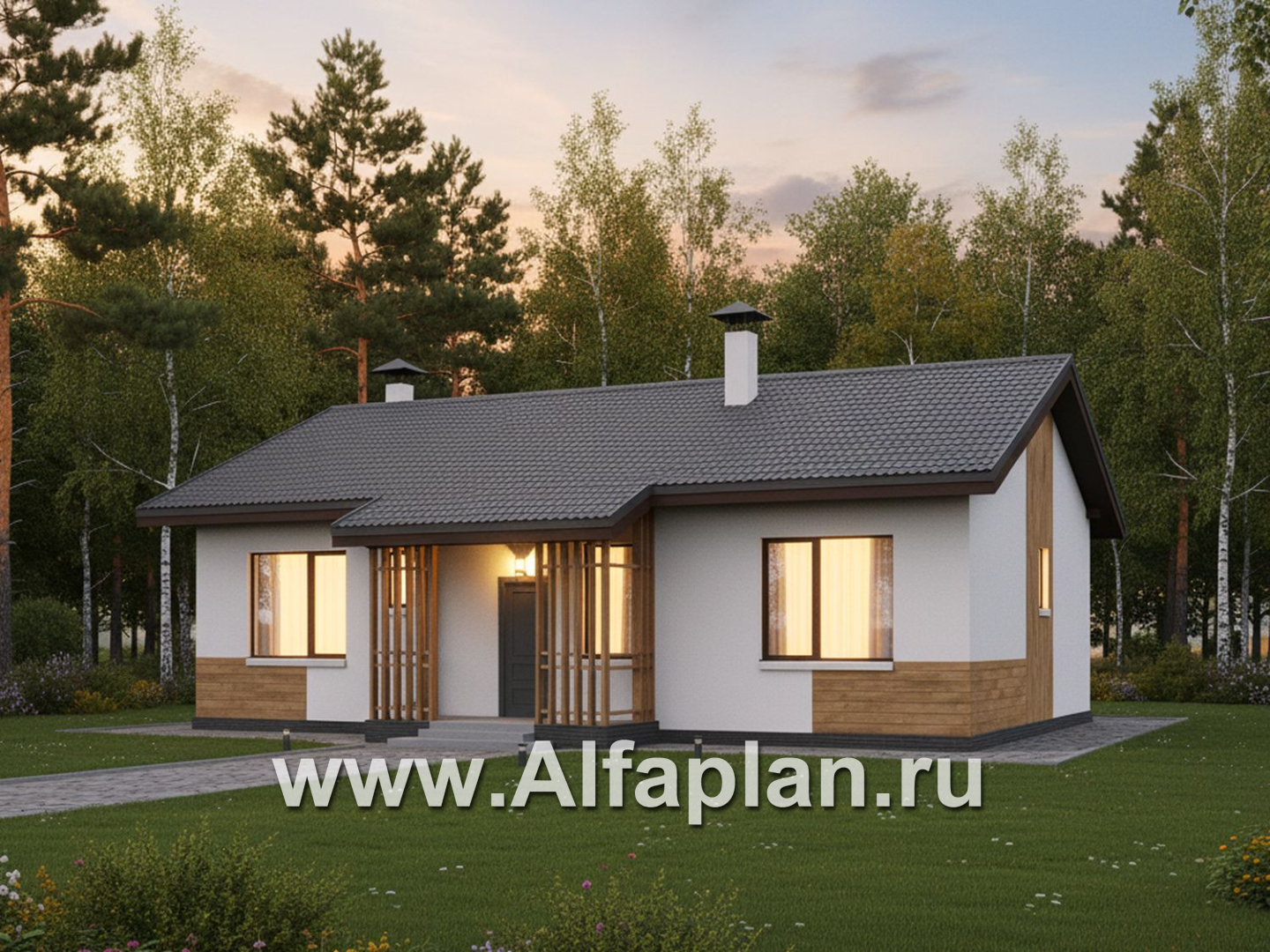 «Белая дача» - проект одноэтажного дома, улучшенная планировка, мастер спальня, 3 спальни и камин - дизайн дома №2