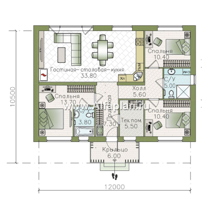 «Белая дача» - проект одноэтажного дома, улучшенная планировка, мастер спальня, 3 спальни и камин - превью план дома - фото №1