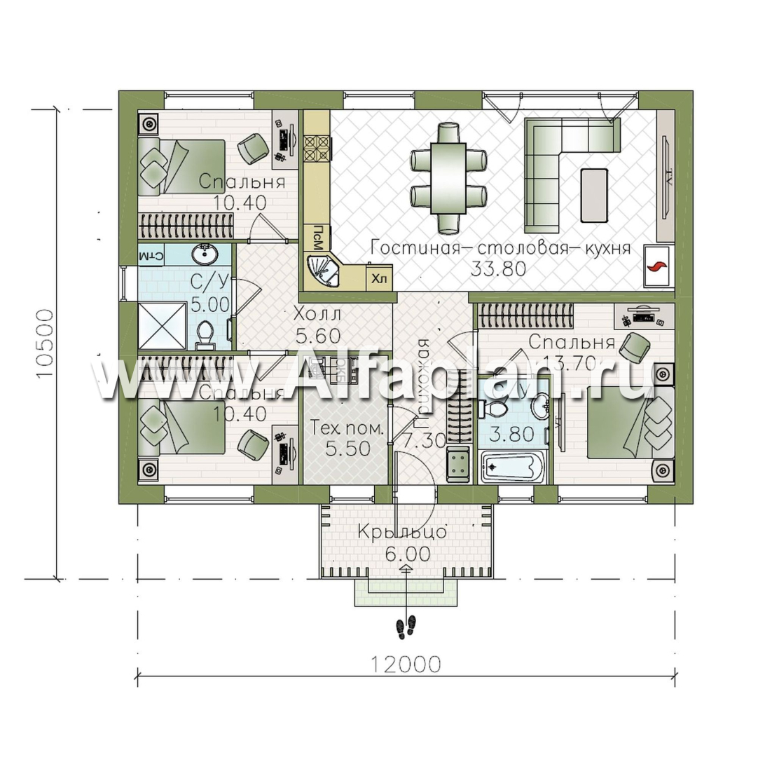 «Белая дача» - проект одноэтажного дома, улучшенная планировка, мастер спальня, 3 спальни и камин - план дома - фото №1
