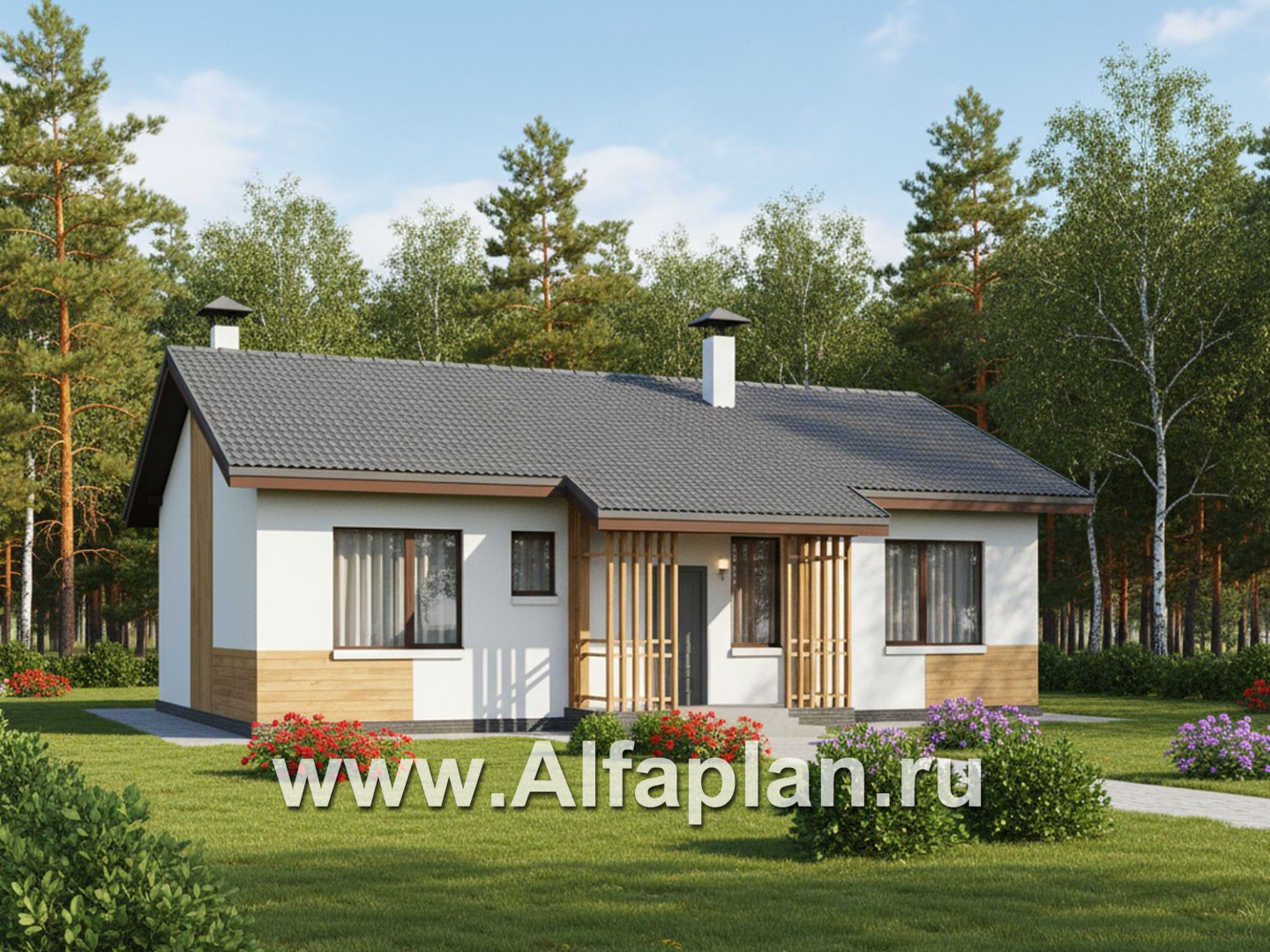 «Белая дача» - проект одноэтажного дома, улучшенная планировка, мастер спальня, 3 спальни и камин - основное изображение