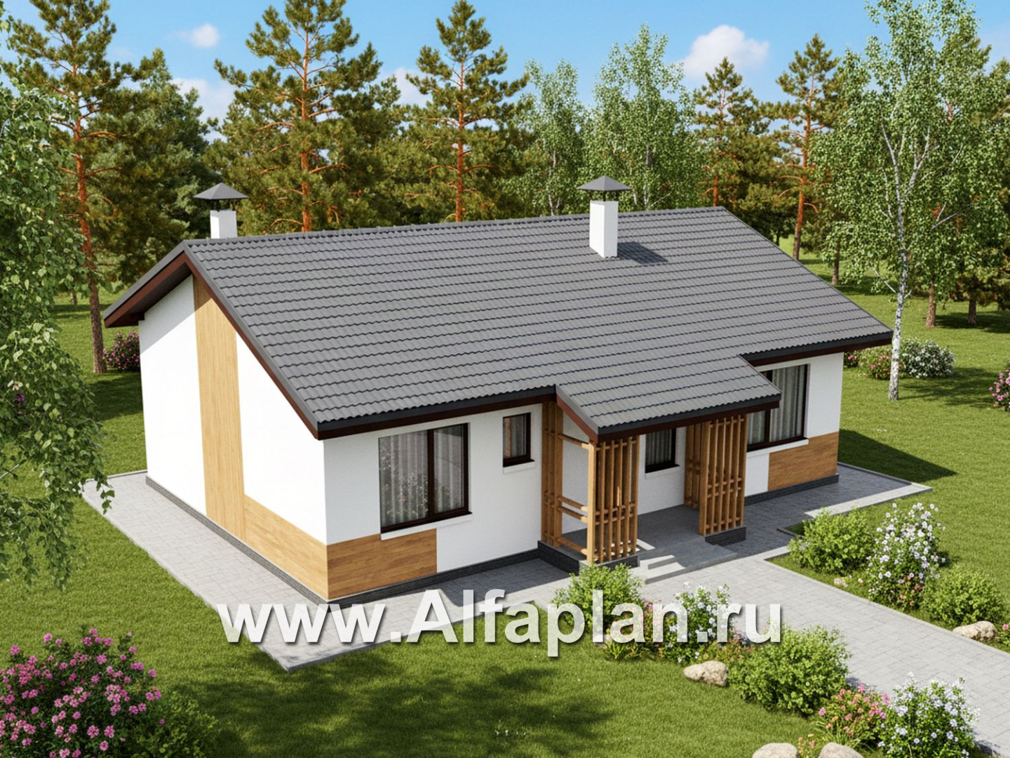 «Белая дача» - проект одноэтажного дома, улучшенная планировка, мастер спальня, 3 спальни и камин - дизайн дома №2